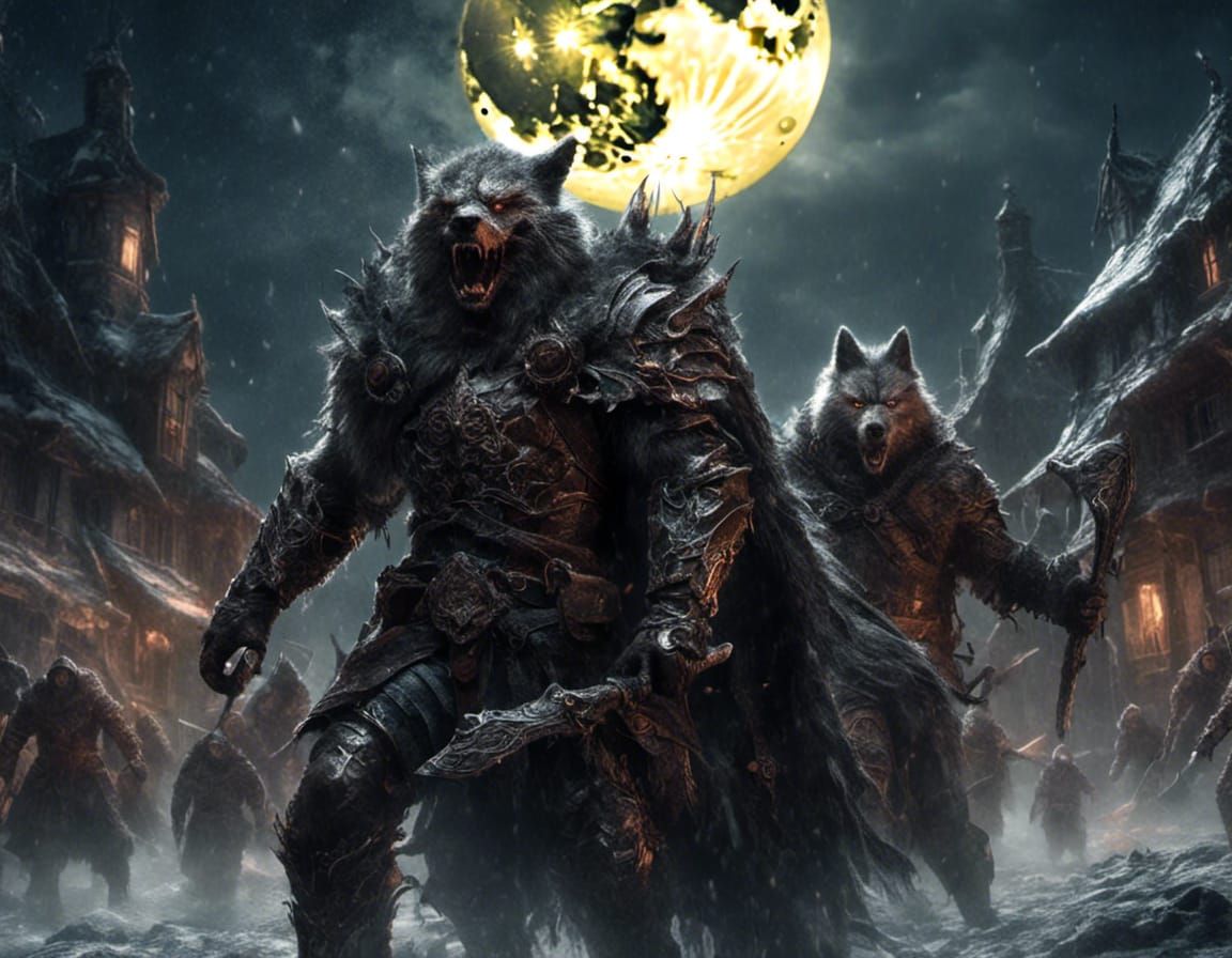 Werewolf Soldiers Attack Village in Dark Fantasy Art
