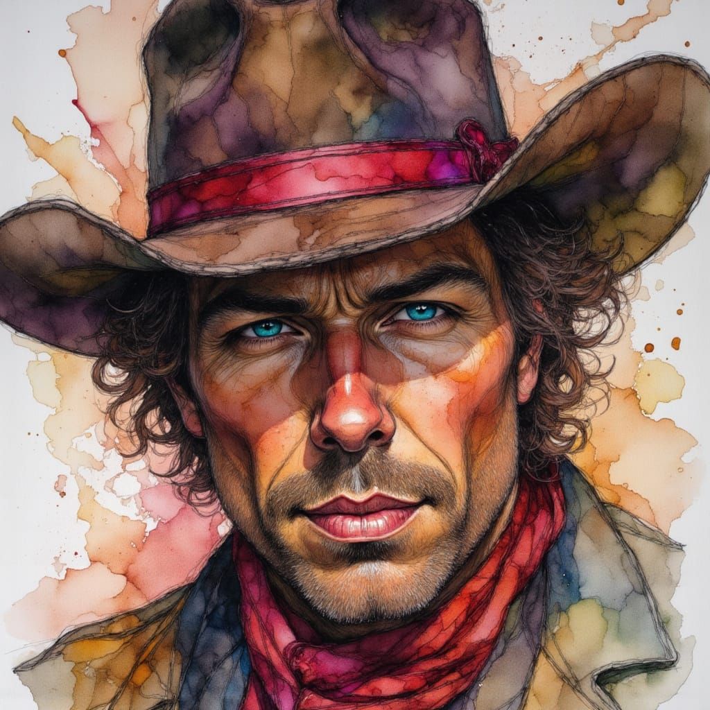 Rugged Cowboy Alcohol Ink Sketch in Tenebrism Style