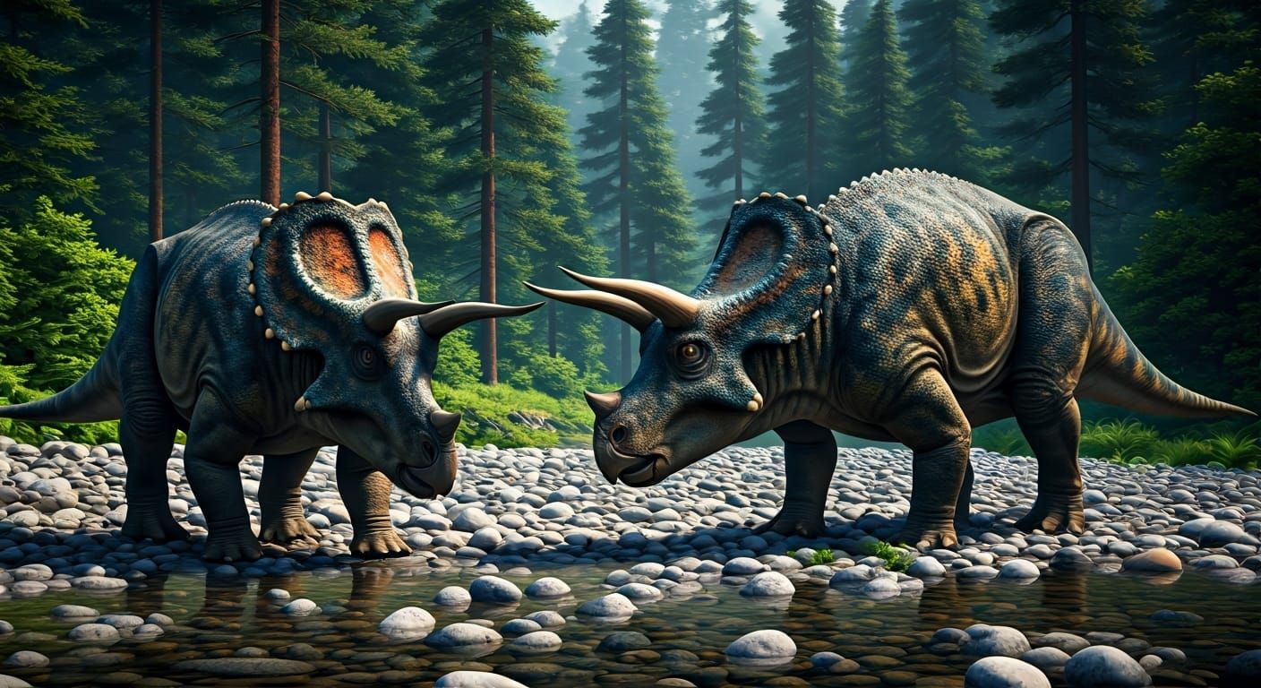 Ceratopsian Dinosaurs On A Pebble Strewn Riverbank.