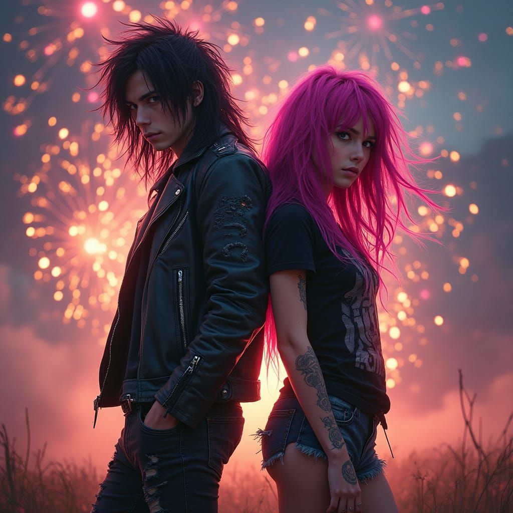 Punk and Metalhead Amidst Fireworks, Matte Painting