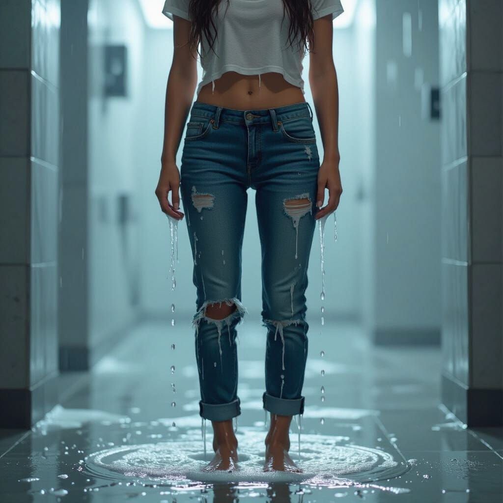 Girl in Drenched Jeans and T-Shirt with Soap Suds