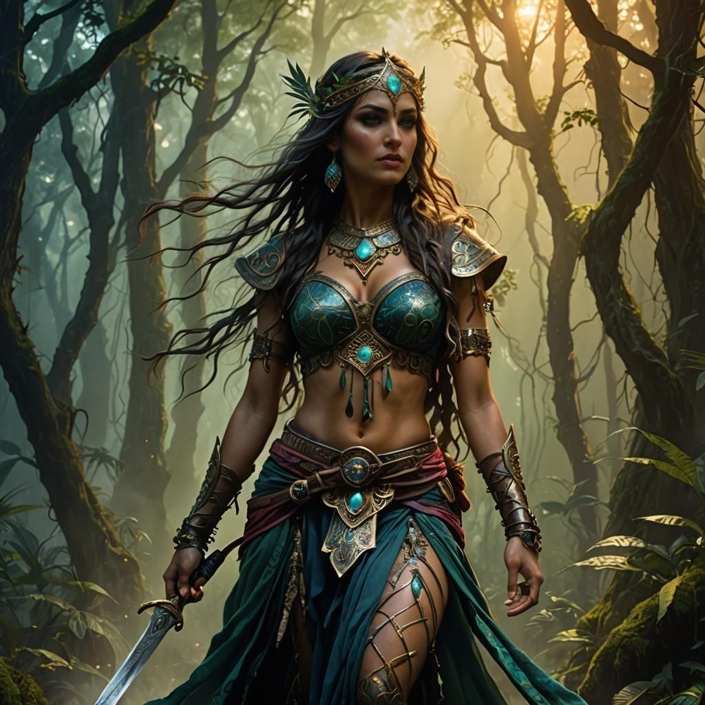 Dark Fantasy Amazon Warrior in Ethereal Landscape