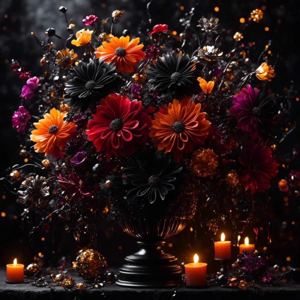 Glittering Black Flowers in Dark Academia Style