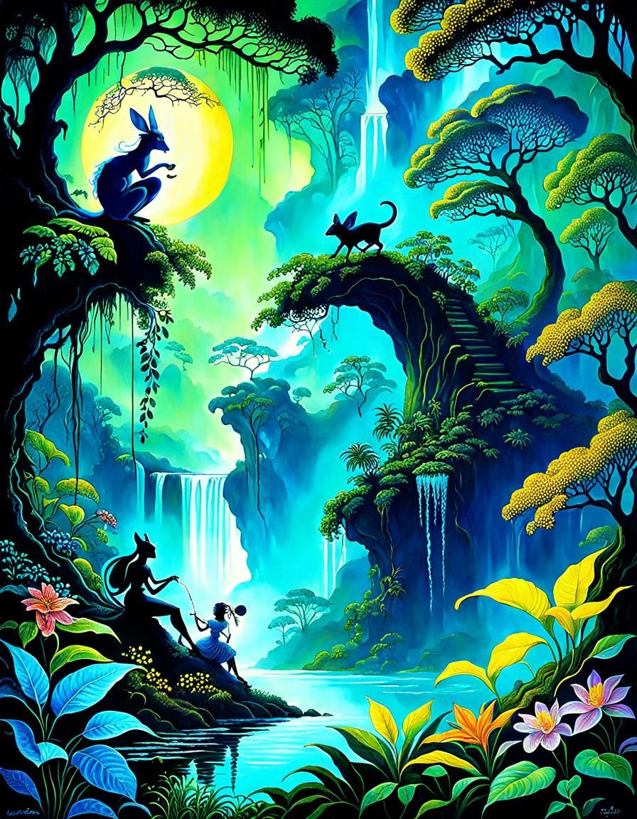 Enchanted Forest Painting in Silhouette Animation Style