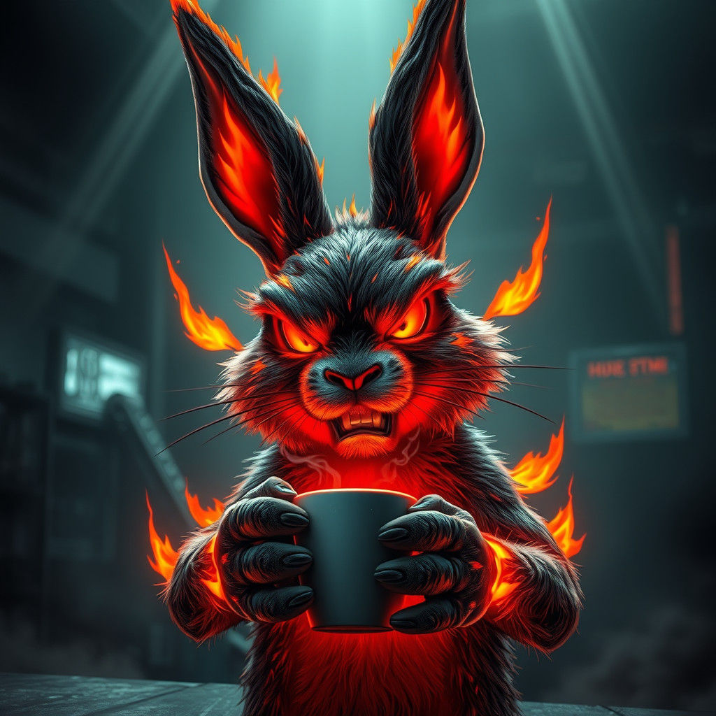 Cyberpunk Fire Rabbit with Coffee: 3D Rendered