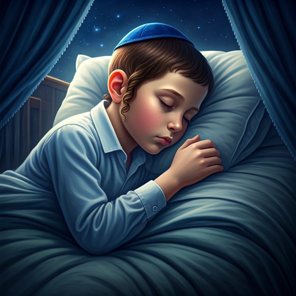 Sweet Hasidic Boy Sleeping Under Starry Moonlight