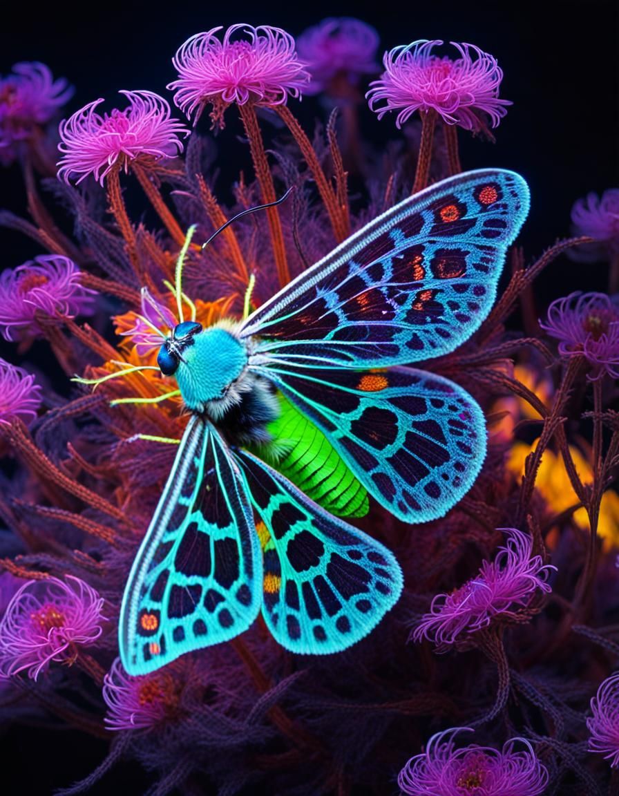 Bioluminescent Moth on Fluorescent Flower