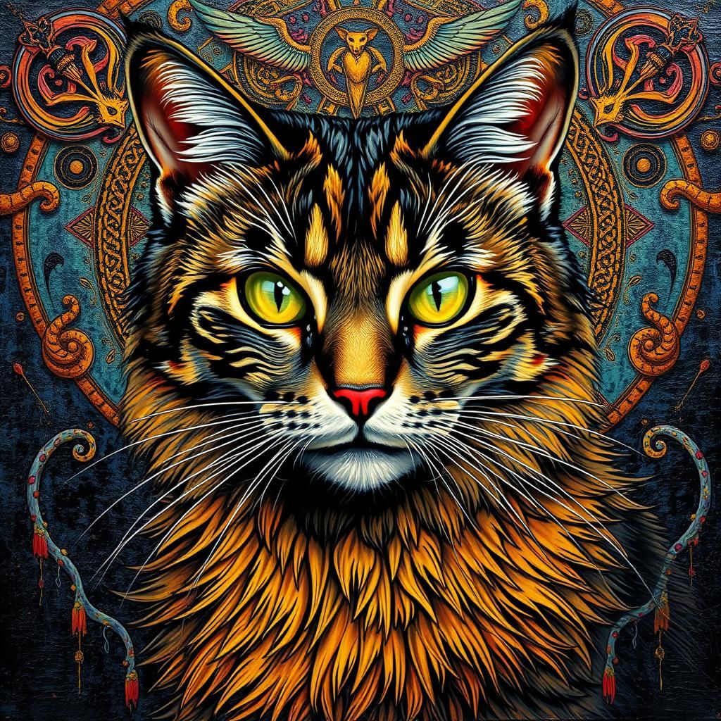 Psychedelic Cat in Impasto Heavy Metal Style