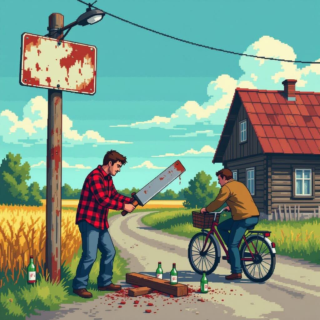 Pixel-Art Polish Village Scene with Humor