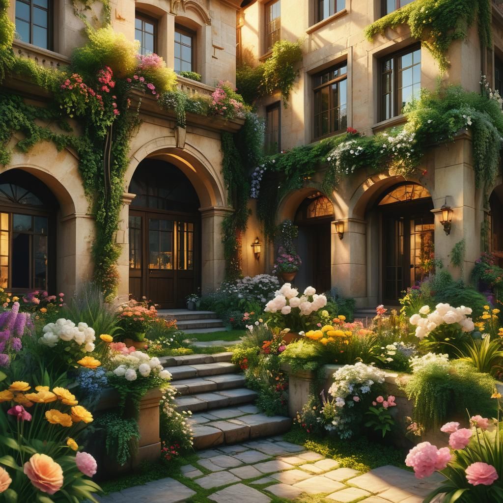 Detailed Architecture Surrounded by Blooming Gardens in 8K