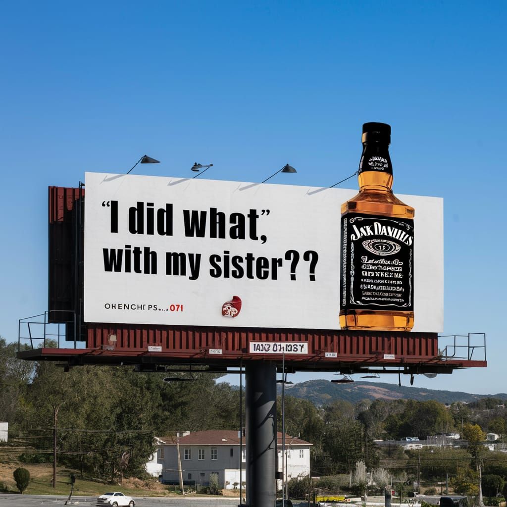 billboard saying, "I did WHAT with my sister?" with a Jack Daniels bottle on billboard