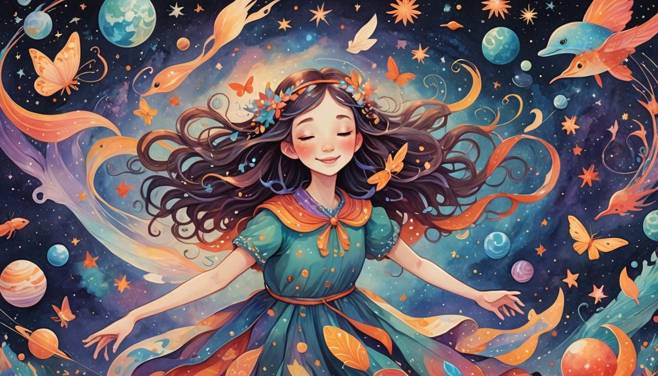 Whimsical Girl Soaring Through Galaxy Illustration