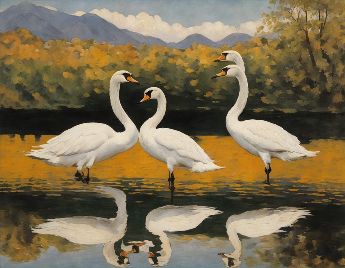 Elegant Swans Soar Over a Serene Lake in Art Nouveau Style