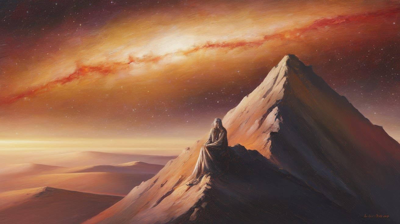 Solitary Figure Contemplates Cosmic Nebula on Ancient Mounta...