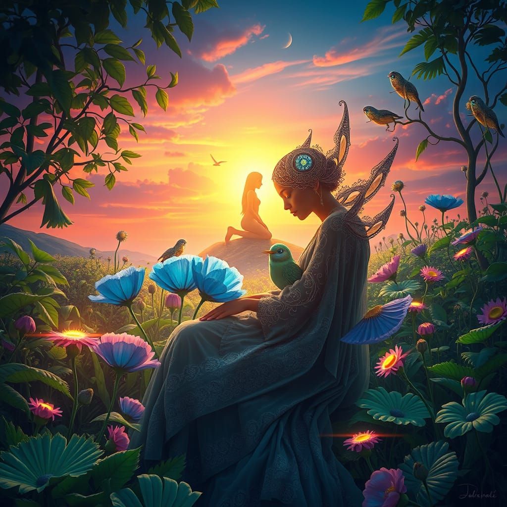 Dreamlike Cosmos: Bohemian Figure with Bioluminescent Creatu...