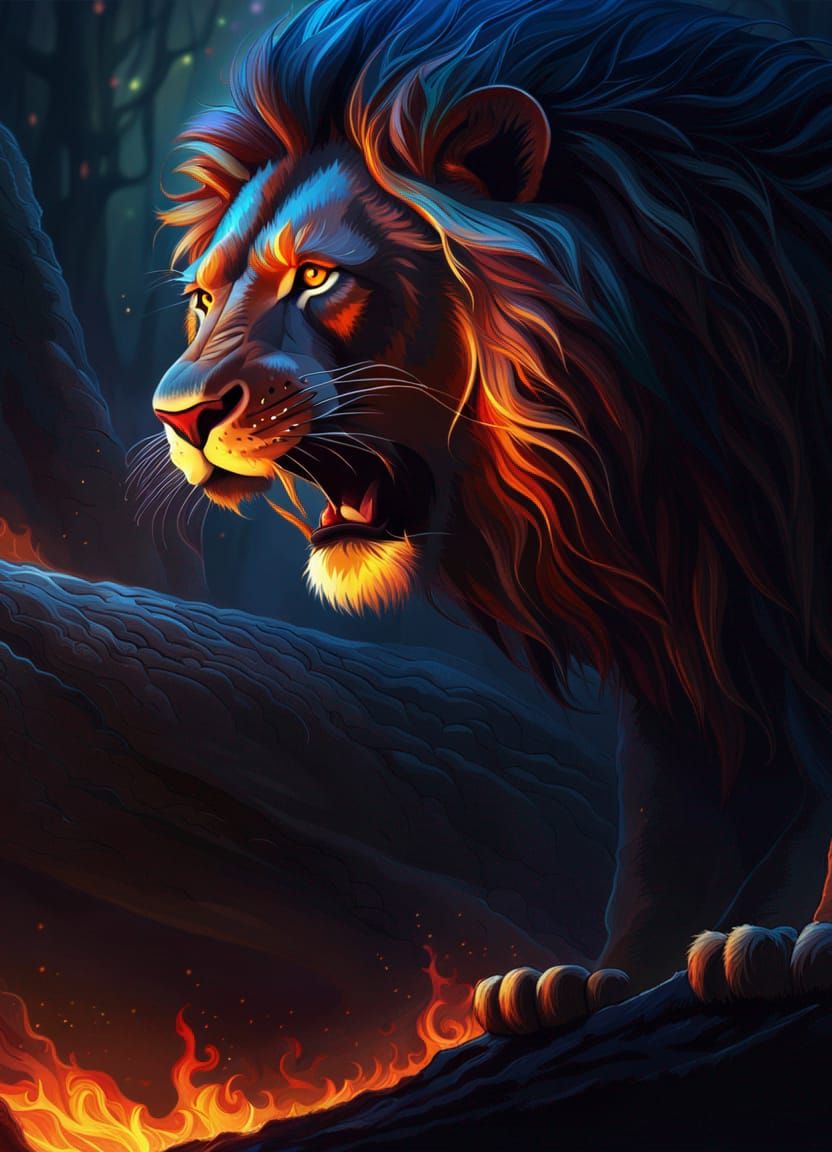 Detailed Lion in Fiery Fantasy Art