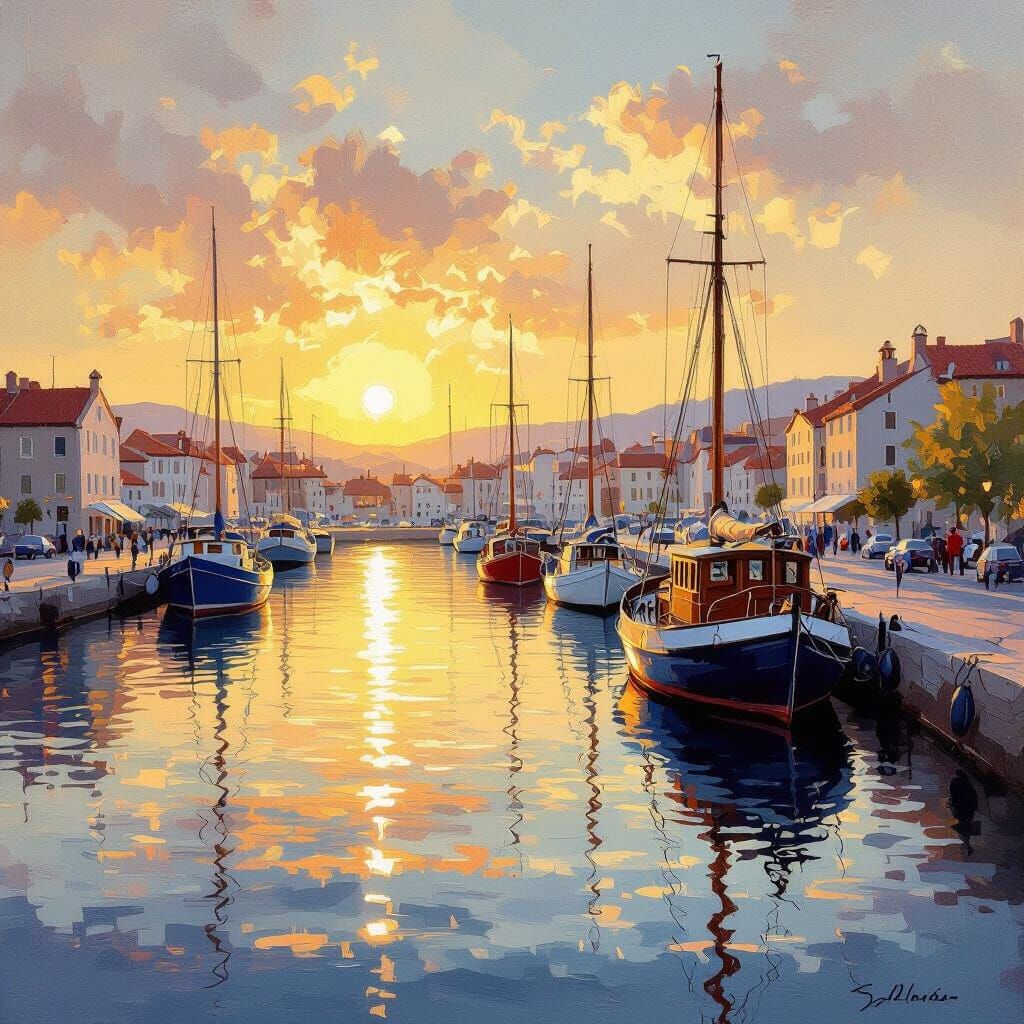 Serene Harbor Scene in Warm Golden Light