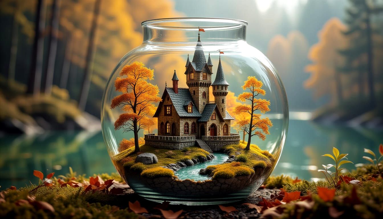 Tiny Enchanted Castle Diorama in Ancient Glass Vessel