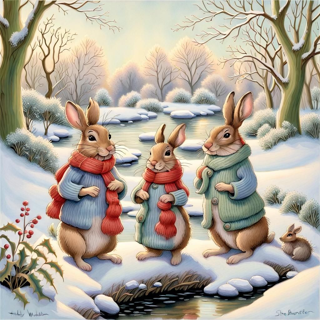 Pastel Mouse and Hare Sculpting Snow Woman