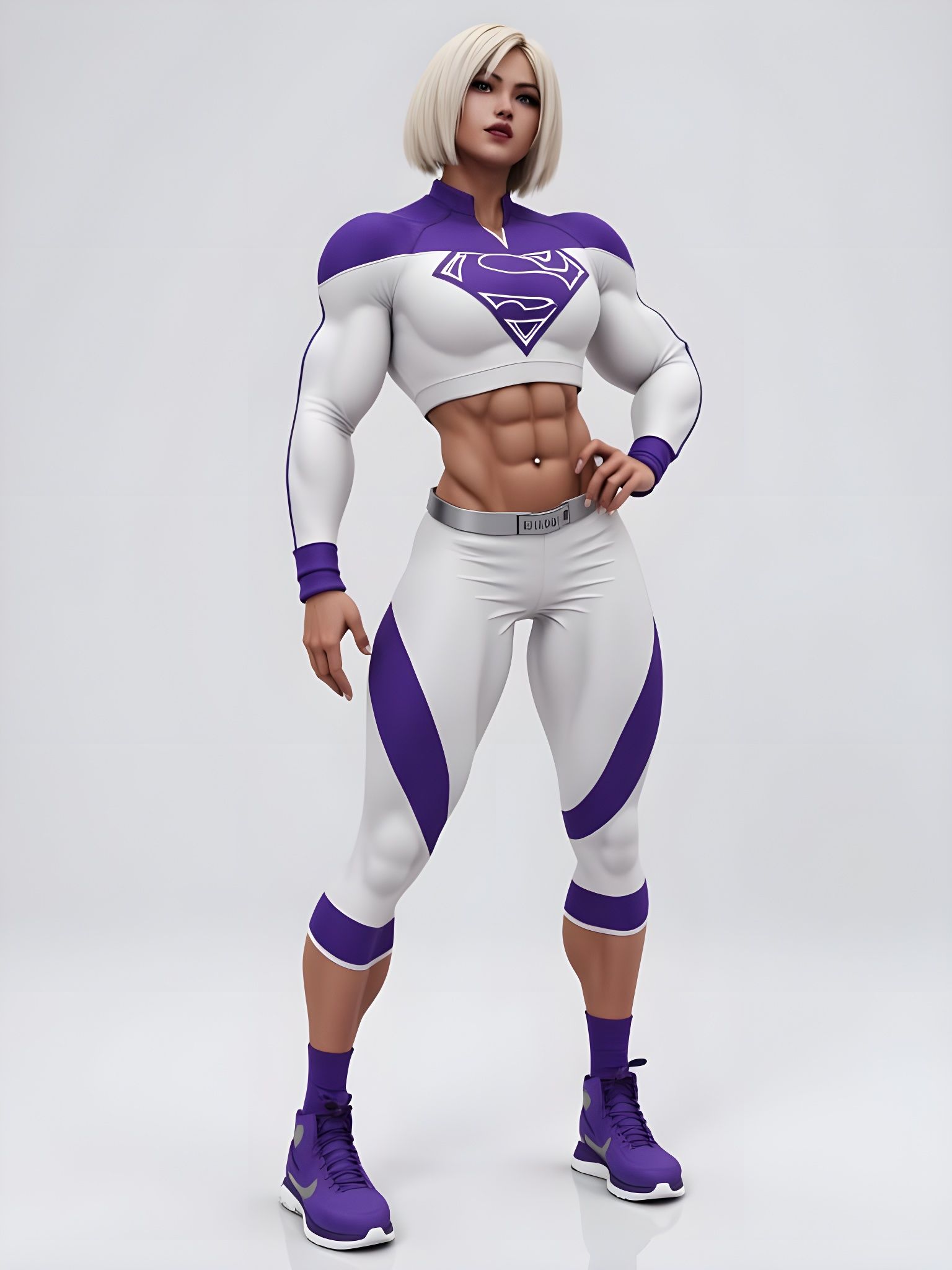 Muscular Korean Superheroine in Shiny White Bodysuit