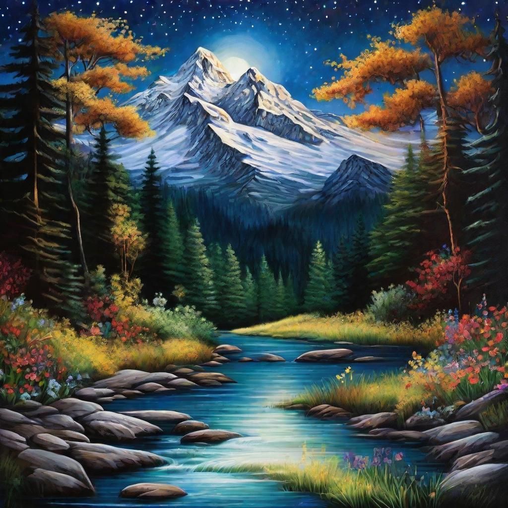 Magnetic Night: Mountain River and Wildflower Painting