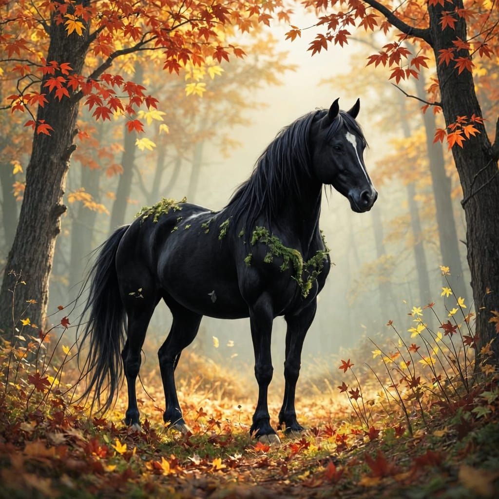 Majestic Stallion with Mystical Glow in Autumn Forest
