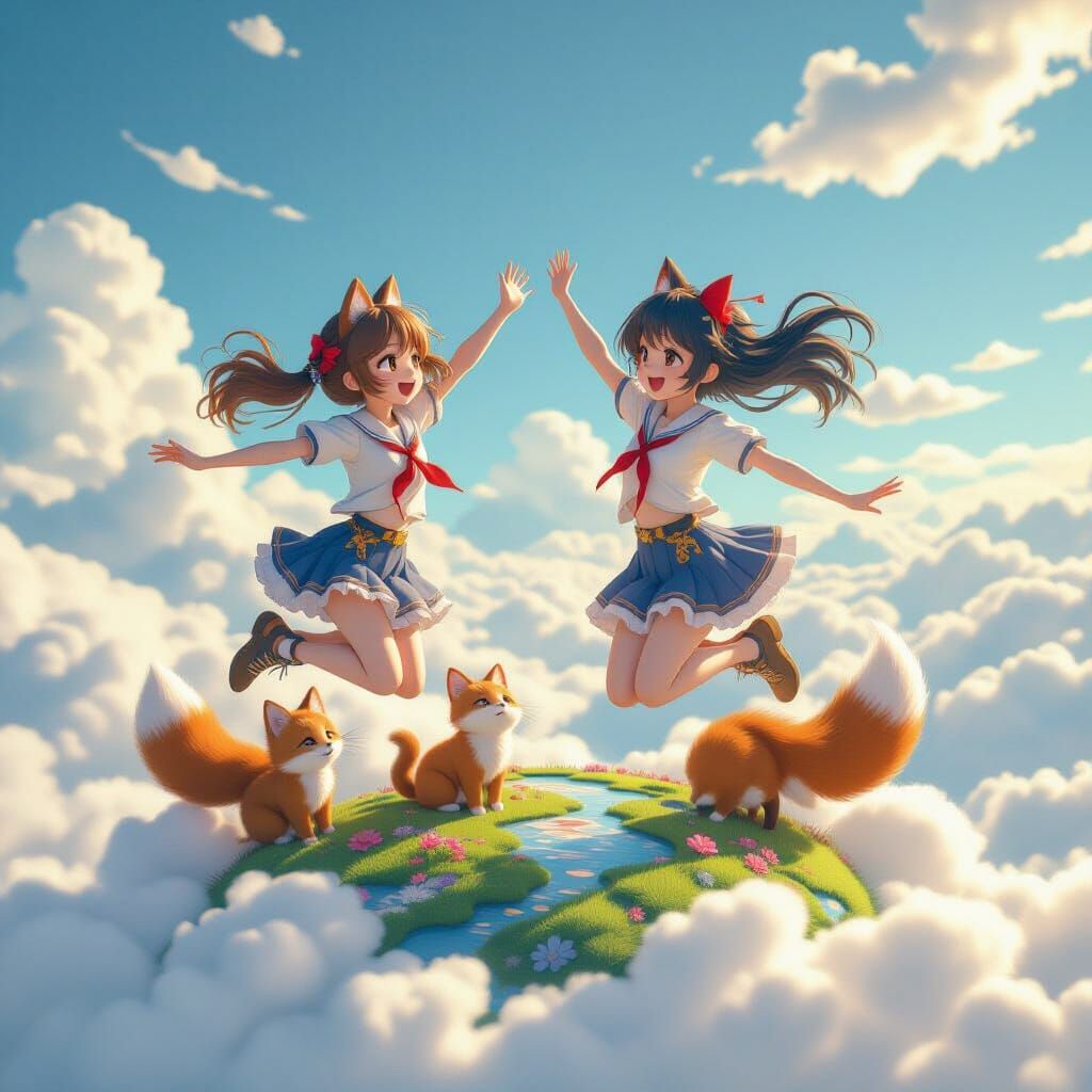Girls Jump on Cloud World with Kitten and Fox in Anime Style