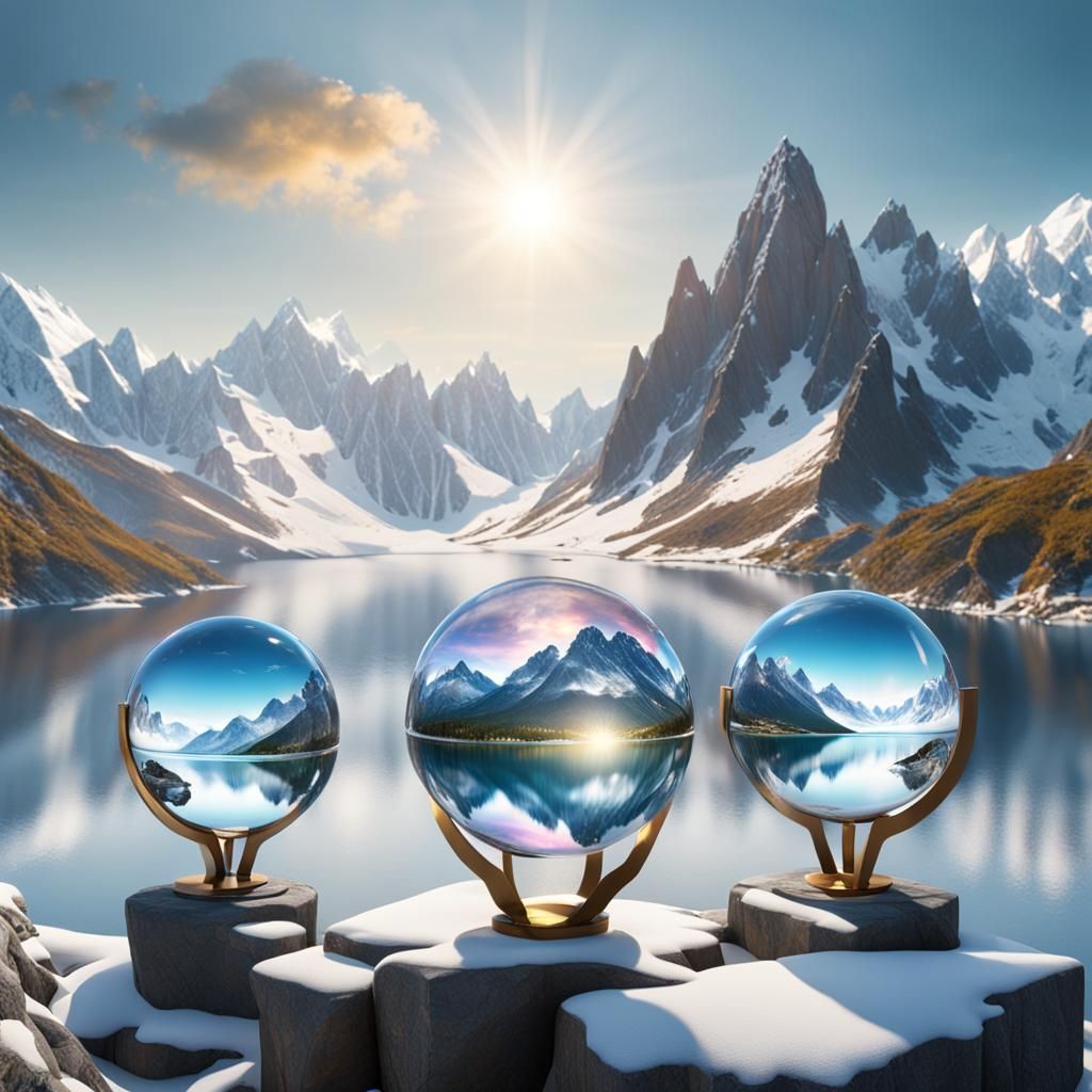 Glass Orbs on Mountain Peak with Mermaid: 8K