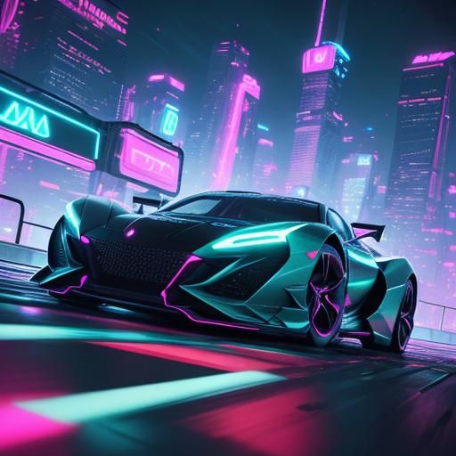 Futuristic Car Racing on Neon Track in Low-Poly Art