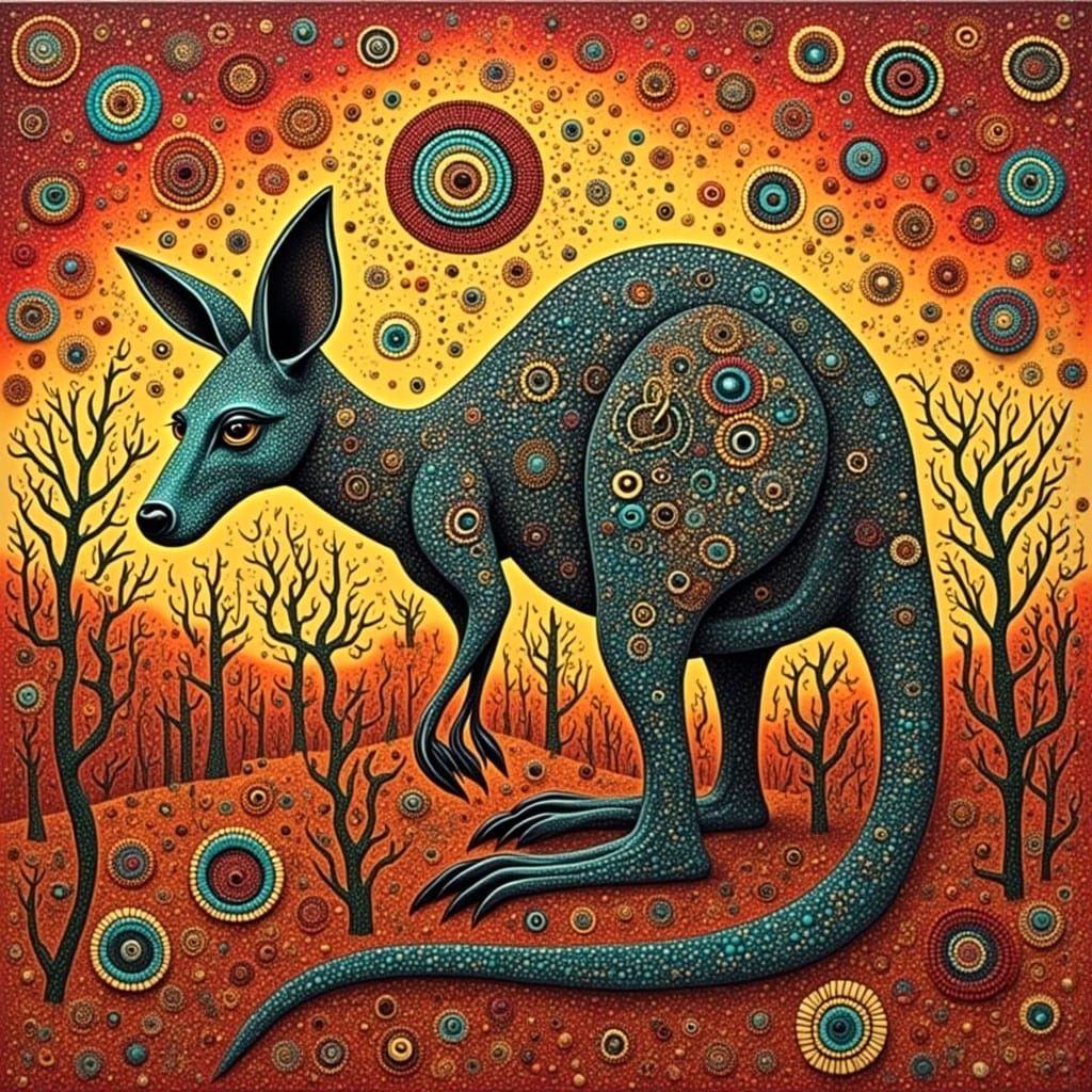 Majestic Kangaroo in Dreamlike Desert Landscape, with Intric...