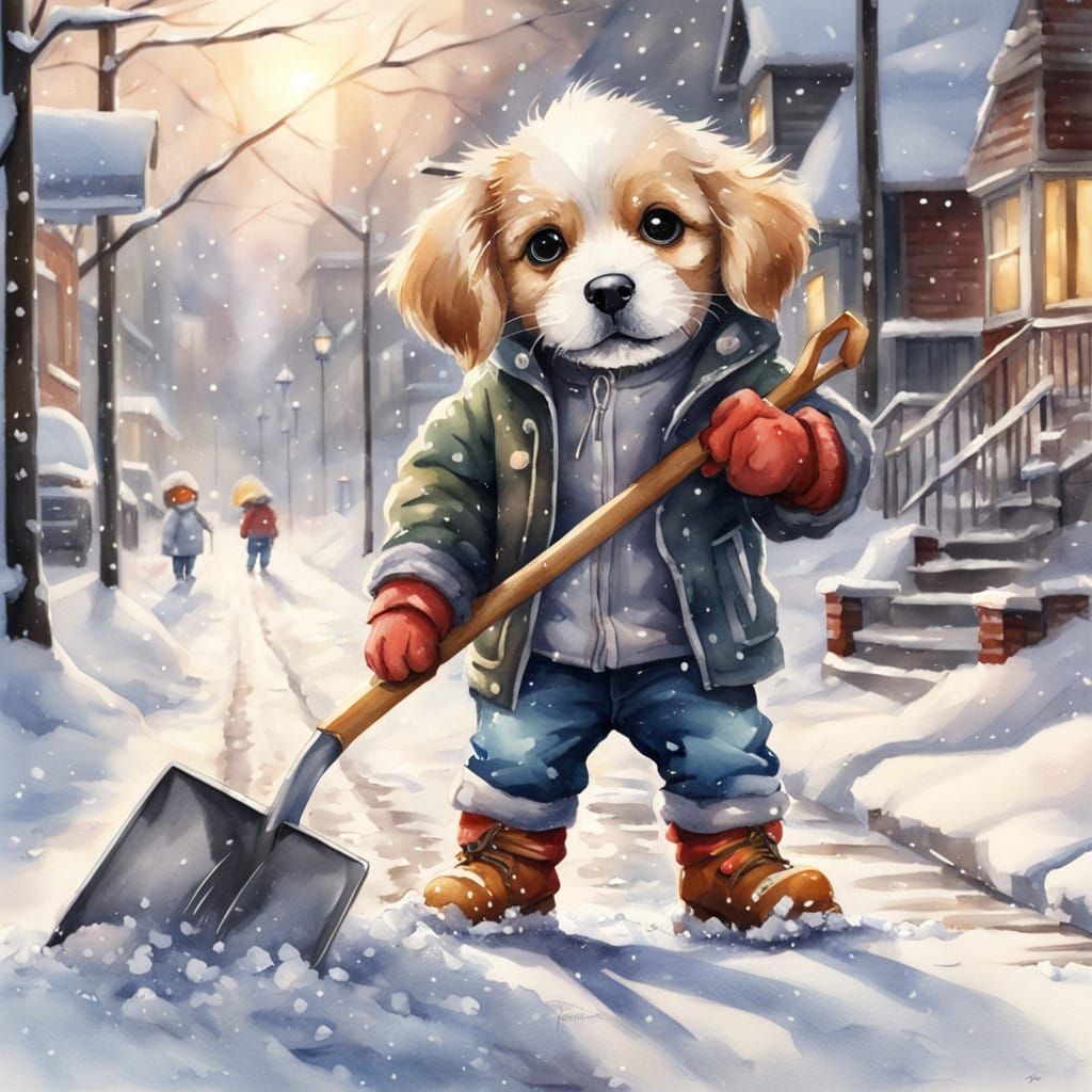 Chibi Puppy Shovels Neighborhood Sidewalk in Deep Snow