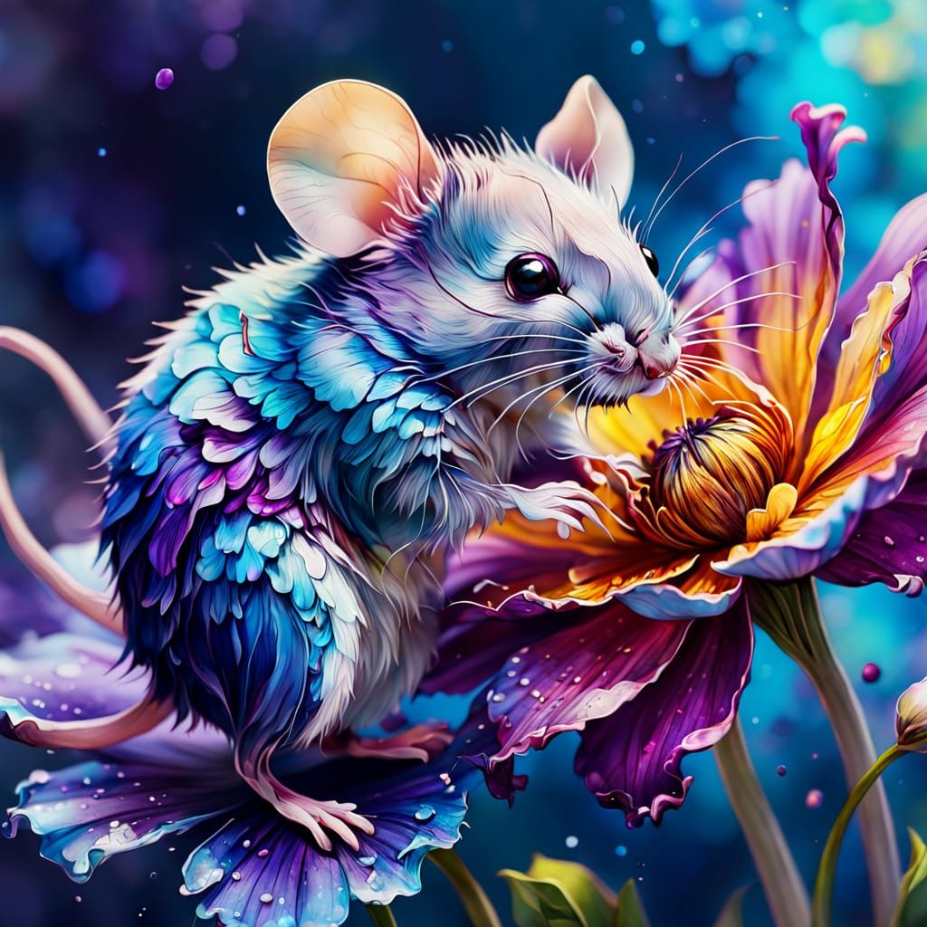 Mouse Explores Giant Flower in Alcohol Ink Art
