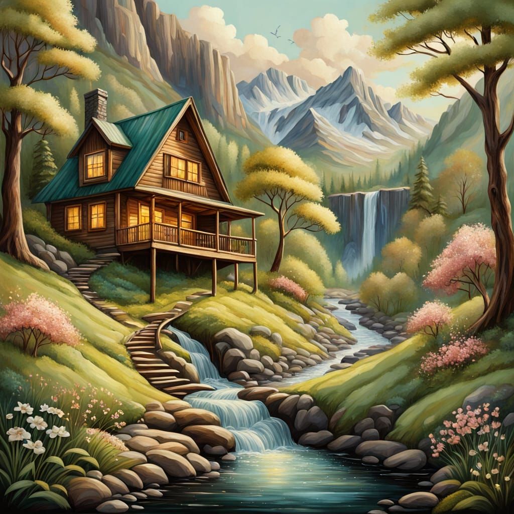 Serene Mountain Retreat in Earthy Oil Painting Style