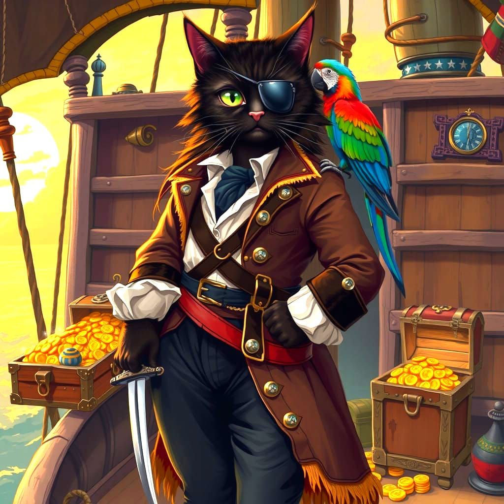 Captain Black Cat is a humanoid Persian cat pirate with a black eye patch, a sharp cutlass, Pirate clothes and a pile of...