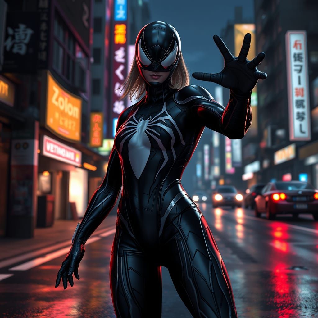 Heroic Venom Spidersona in Moody Cyberpunk Cityscape