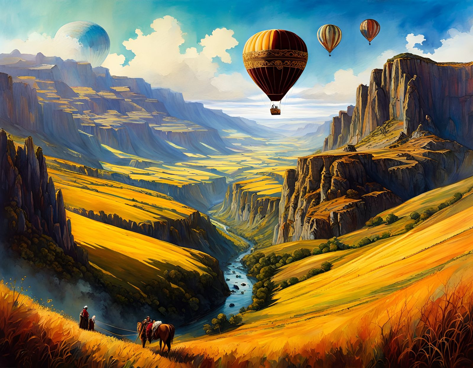 Hot Air Balloon Ride in Watercolor Steampunk Style