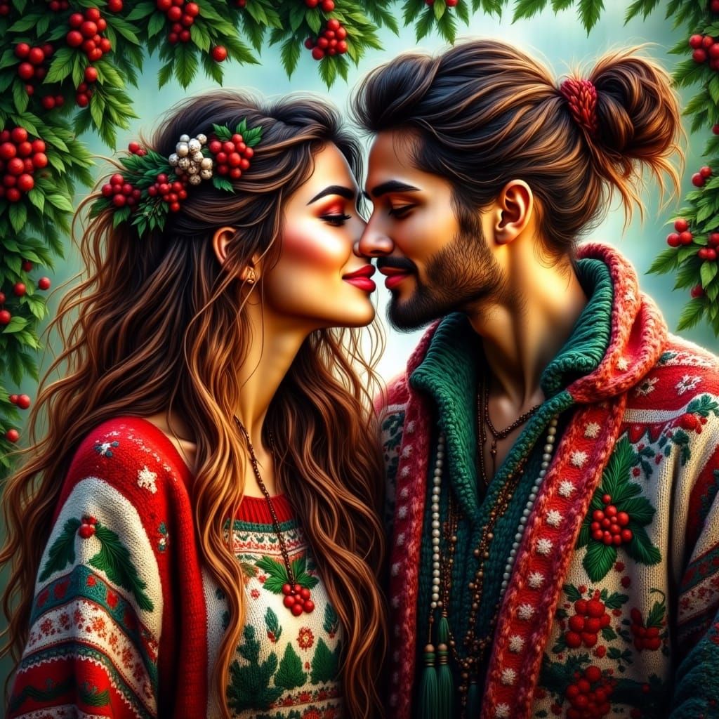 Sensational Couple Kisses Under Mistletoe in Vibrant Christm...