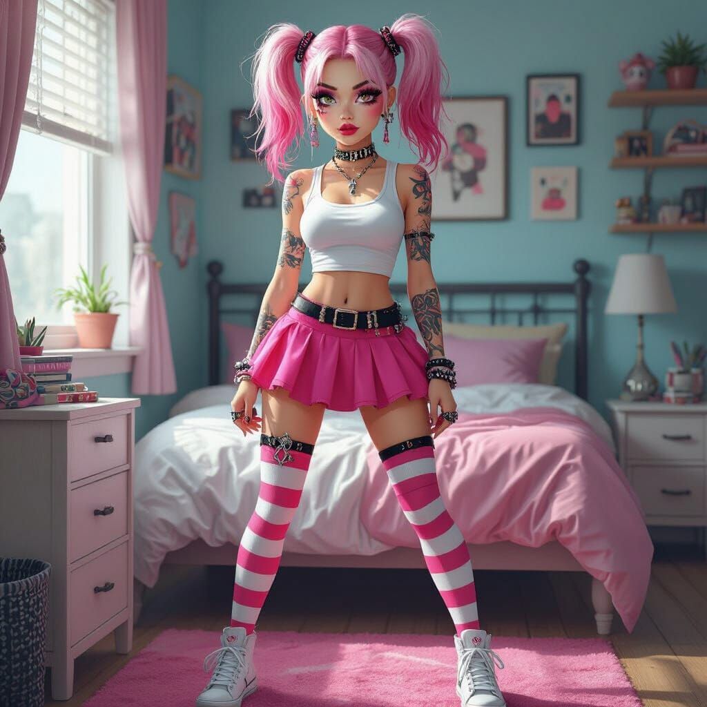 Emo Girl with Fuchsia Hair and Piercings