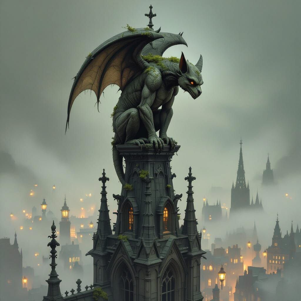 Gargoyle Overlooking Foggy Victorian City in Steampunk Style