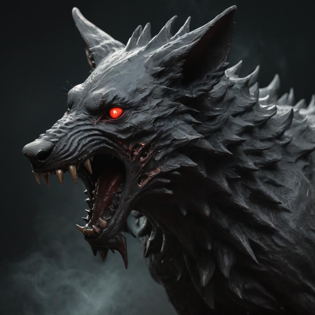 Hellion appears, monochromatic-jackal, flickering light (snarling:1.3) satanic perversion; lowly Creature Master's in bl...