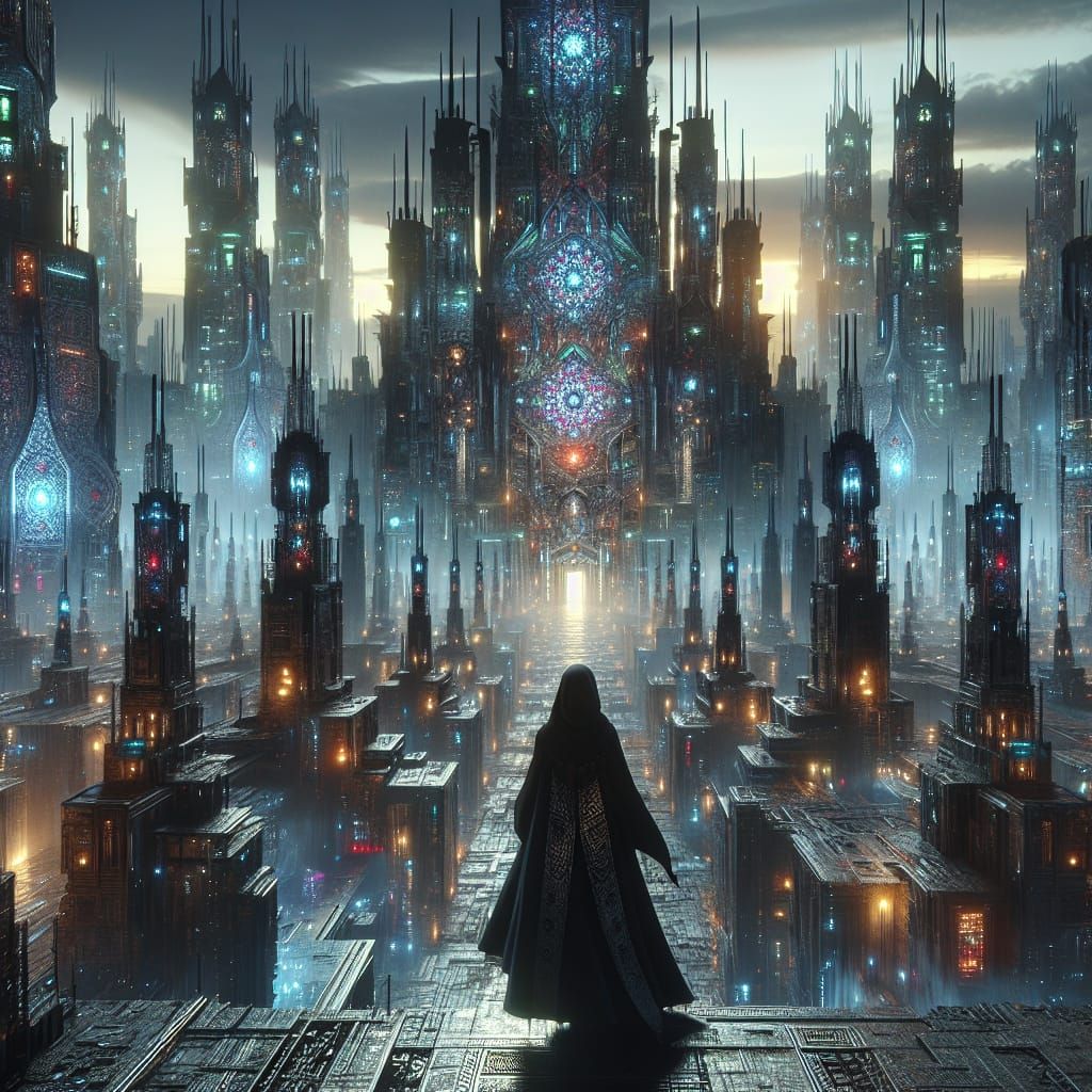 Futuristic Gothic Cityscape with Middle-Eastern Woman