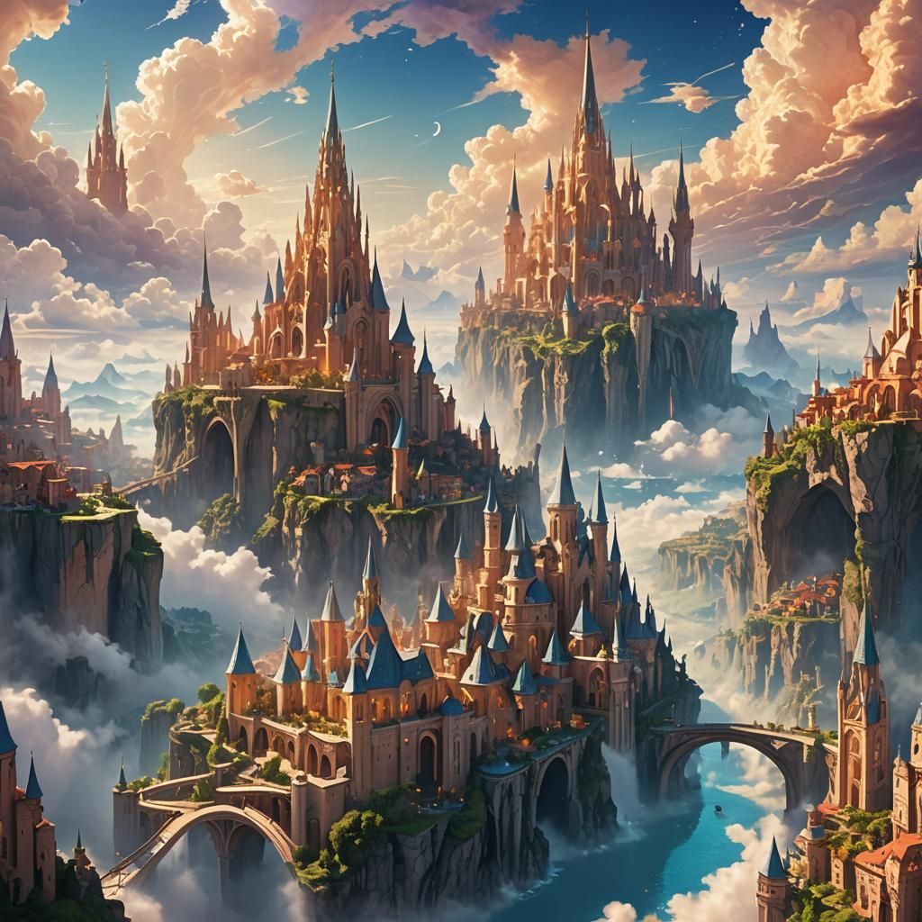 Mystical Floating City in Fantasy Landscape Panorama