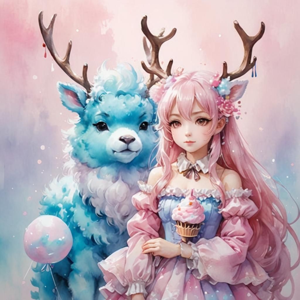 Chibi Reindeer in Candyland: Anime Watercolor Art