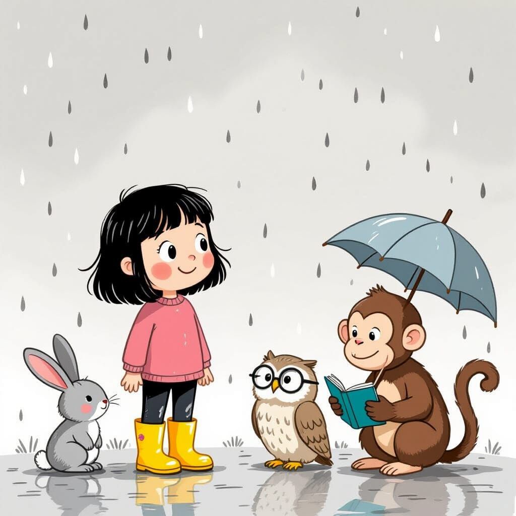 Whimsical Encounter: Girl Meets Animals in the Rain
