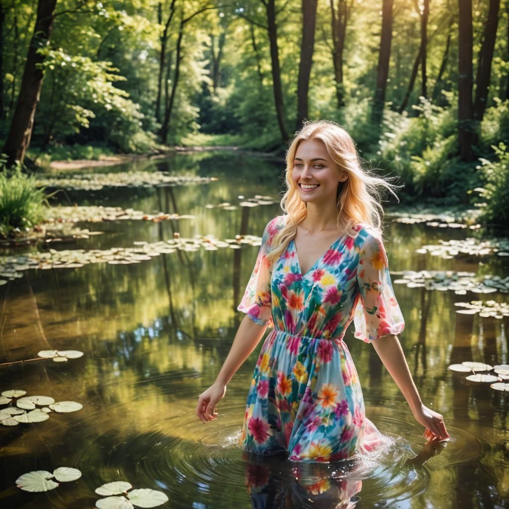 Smiling Girl in Forest Pond with Sunshine