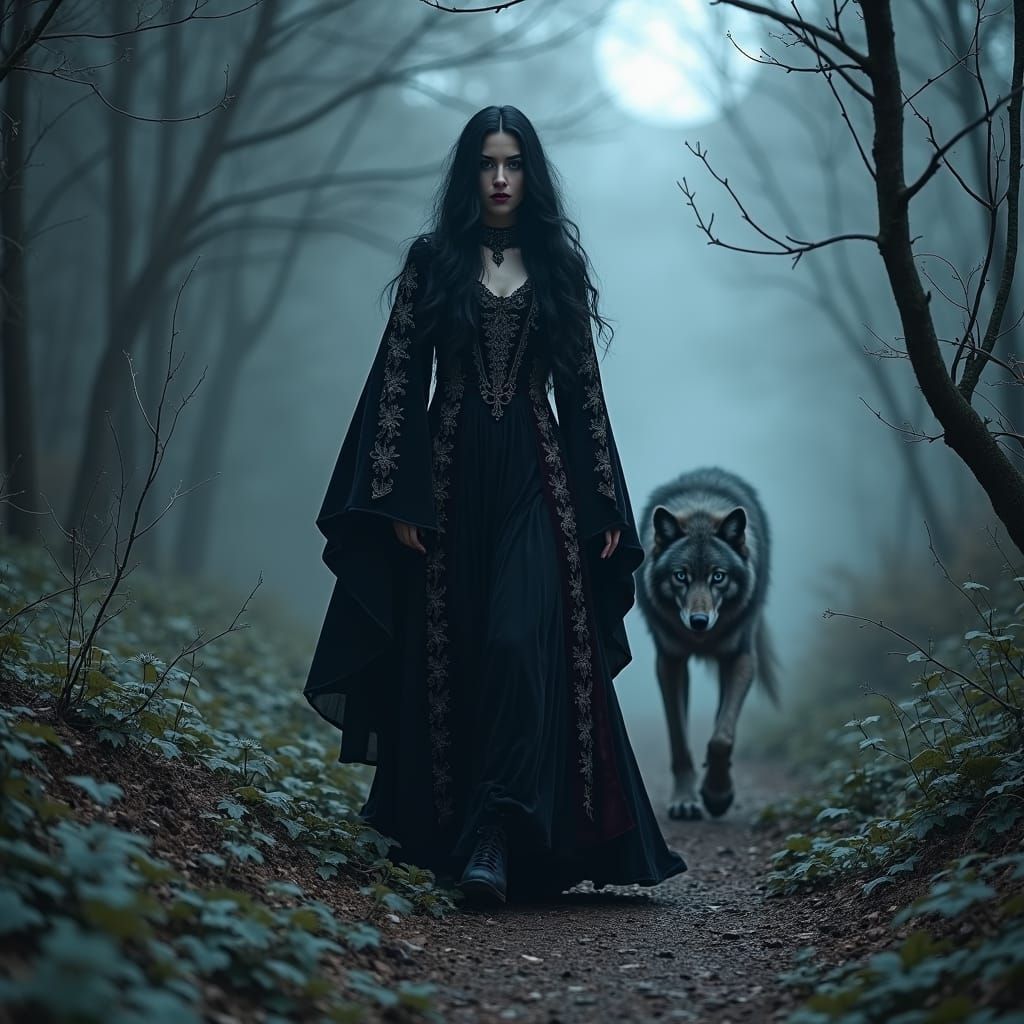 Gothic Goddess Morrighan in Moonlit Forest