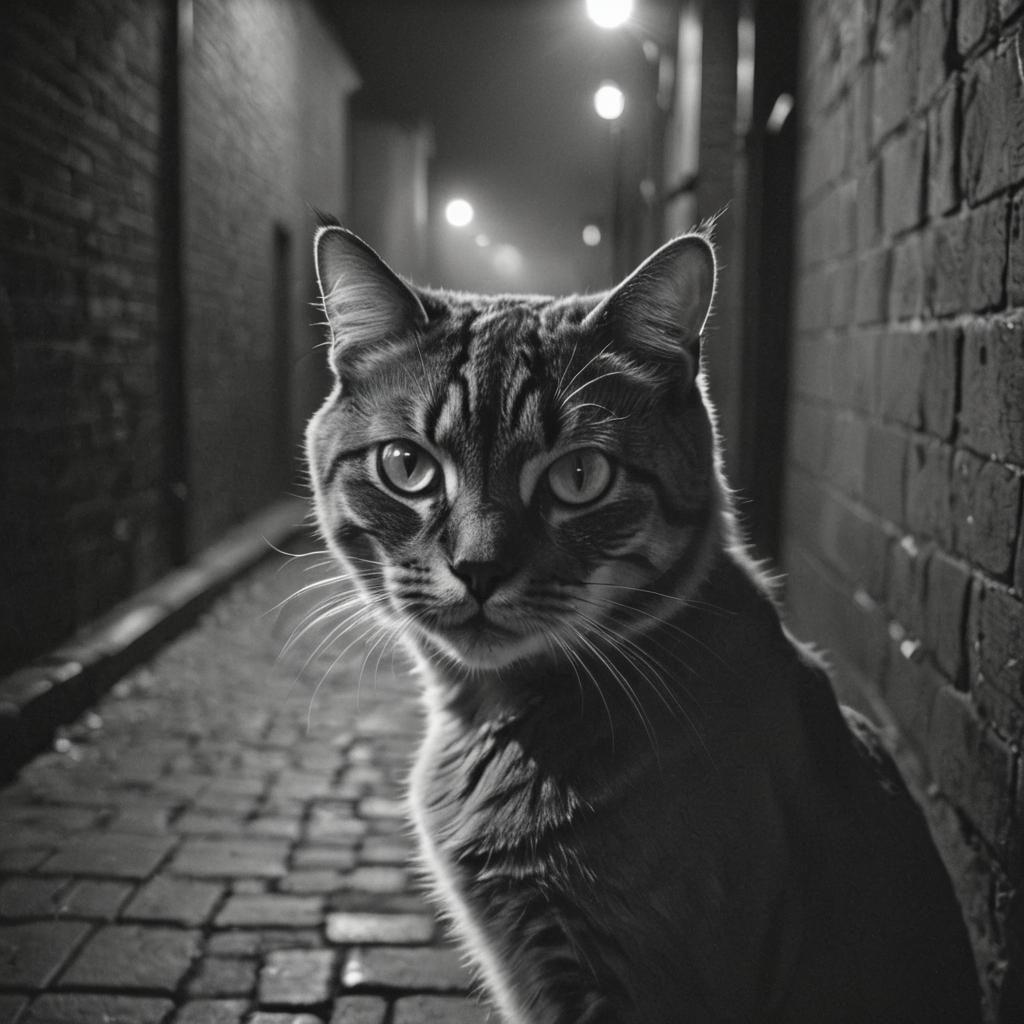 Surreal Cat in Dark Alley: Film Noir Photography