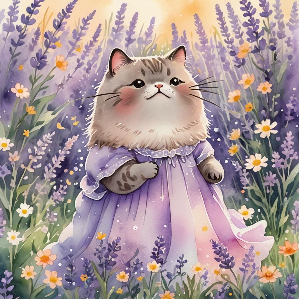 Pusheen in Lavender Field: Kawaii Watercolor Portrait
