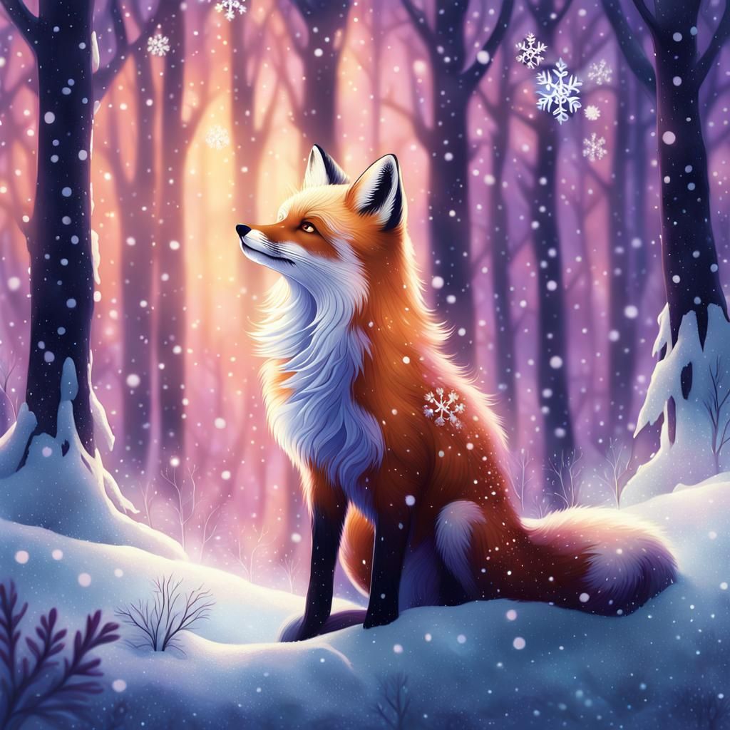 Fox in Snowy Forest Gazing at Ethereal Light