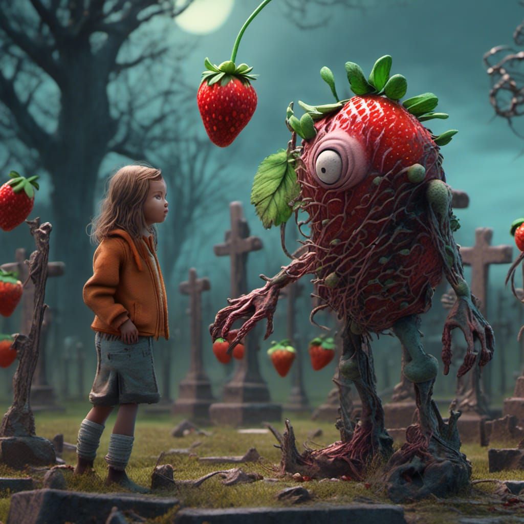 Zombie Strawberry Graveyard Scene in Pixar Style